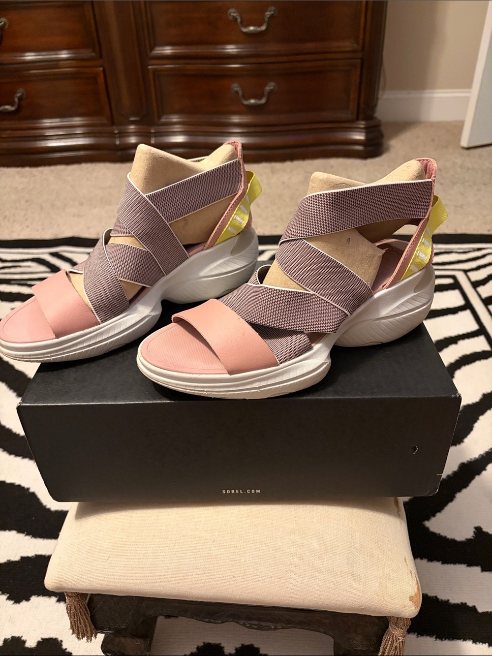 Sorel Women's Pink and Taupe Elastic Strap Sandal with Yellow Accent